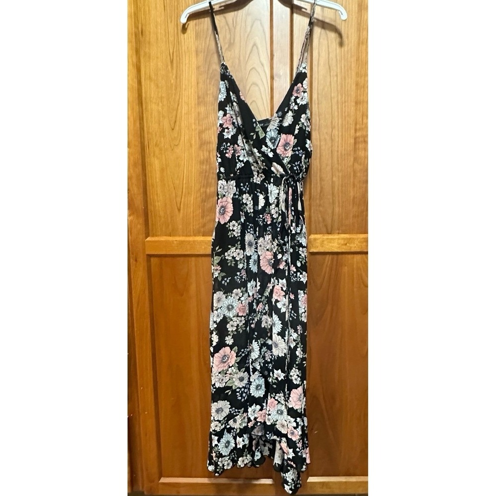 Aster Black Floral Print Sleeveless V-Neck Midi Dress, Large, flowy‎